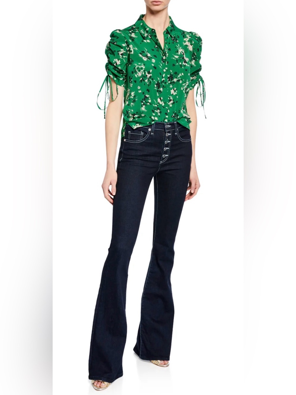 Veronica Beard Carmine Ruched Sleeve Silk Blouse Green Floral Cottagecore Summer